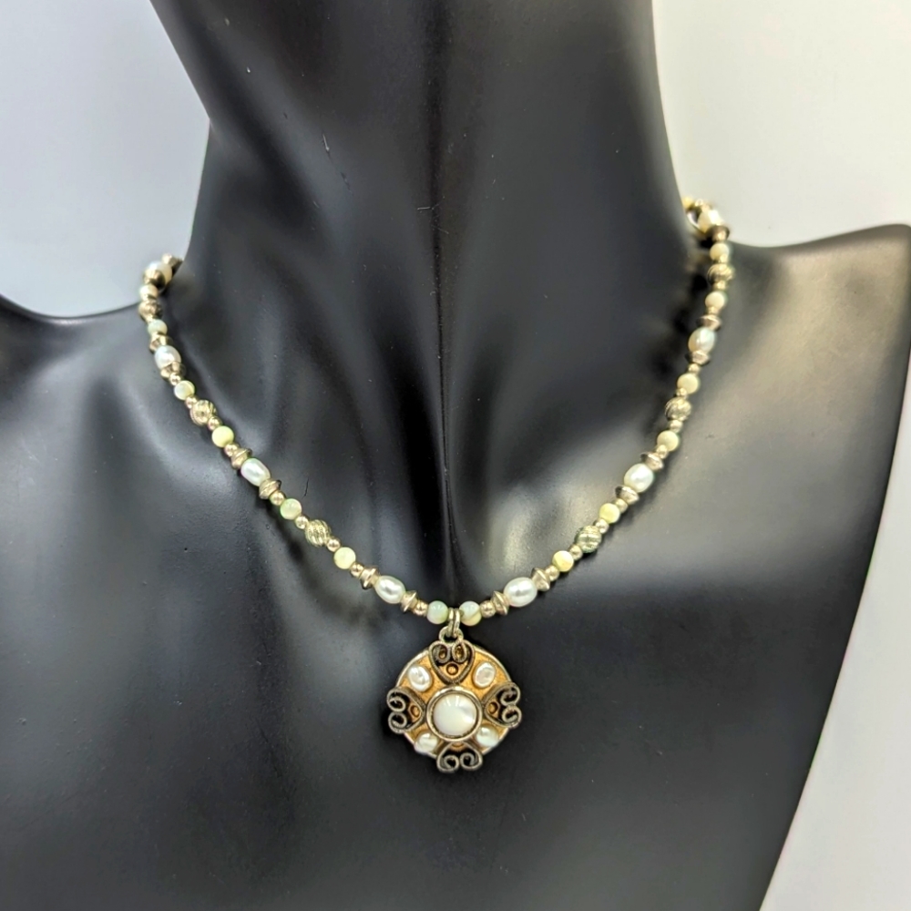 Exquisite Designer Michal Golan Pearl and Silver Tone Beaded Necklace 15"- 18"
